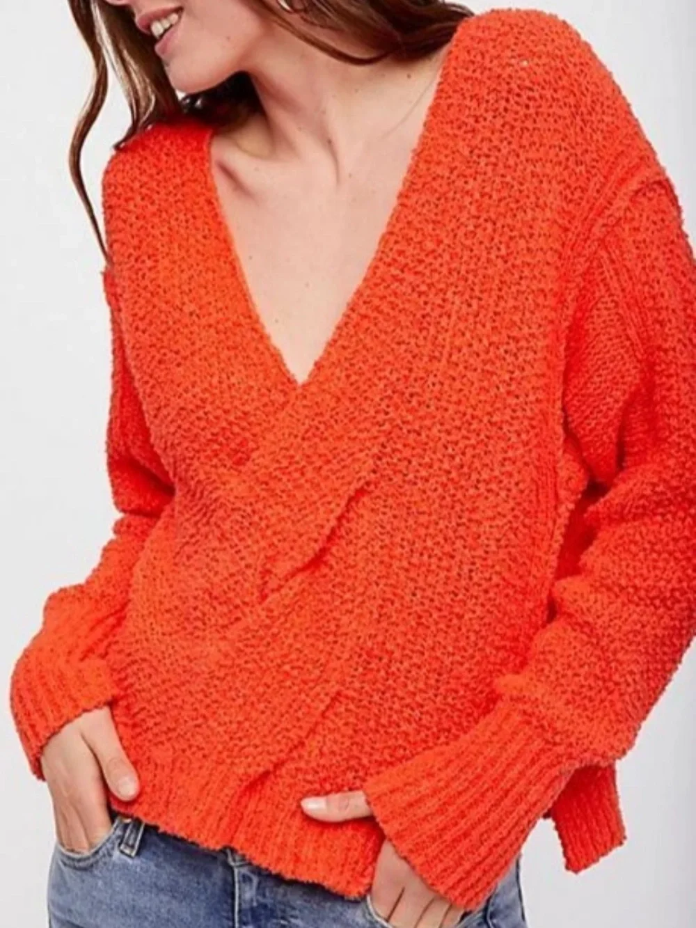 Free People Coco V-neck Sweater Oversized Chunky Orange Fall Boho Women Medium M